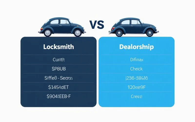 Comparison table: locksmith vs dealership across cost, speed and location