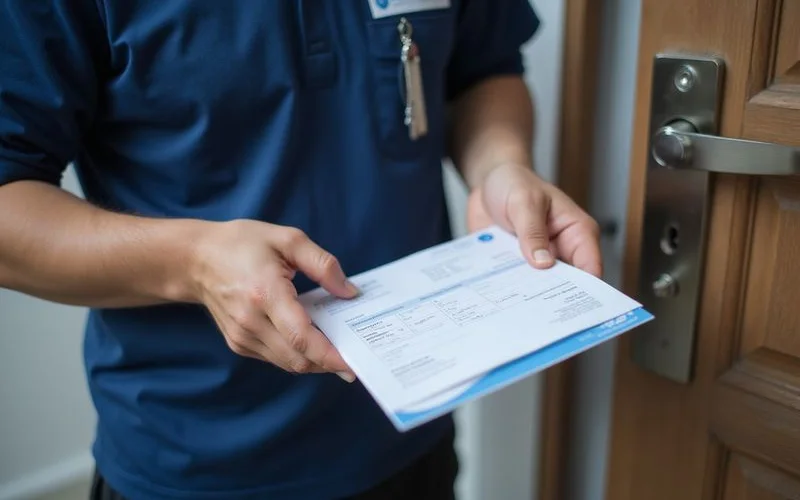 Hands exchanging a labelled invoice after a completed lock job