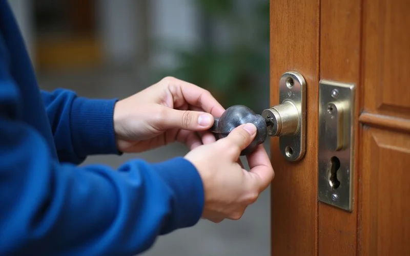Locksmith carefully fitting a new euro cylinder anti-snap lock into a Malaysian security door in daylight