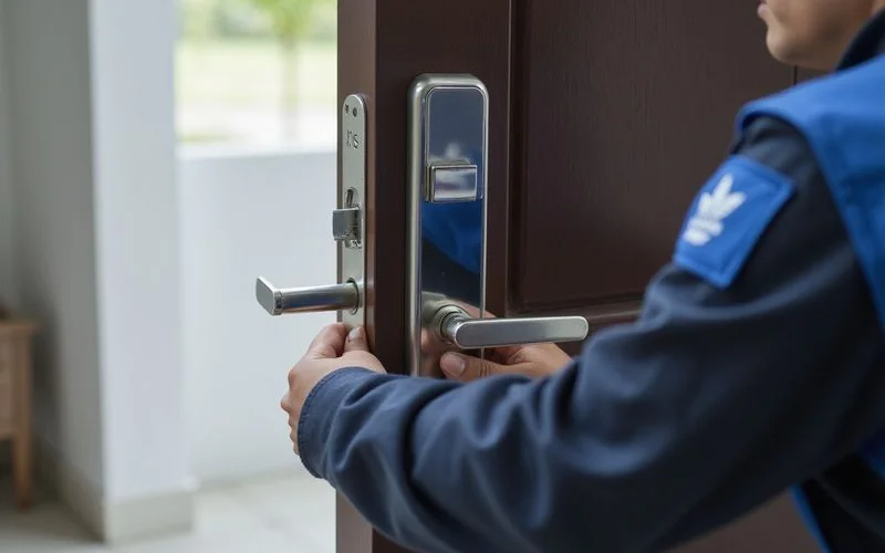 Installed push-pull smart lock on a security door