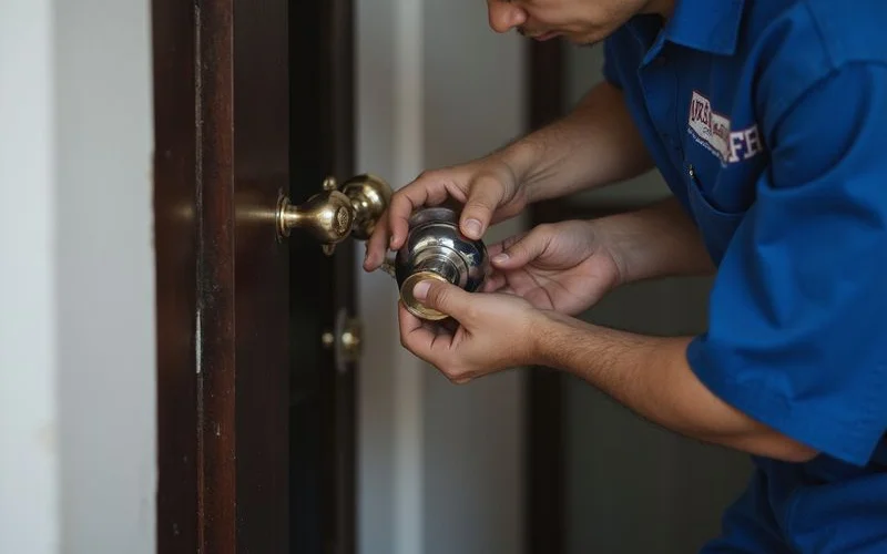 Locksmith disassembling a loose spinning door knob to replace the broken spindle, working precisely on the latch mechanism