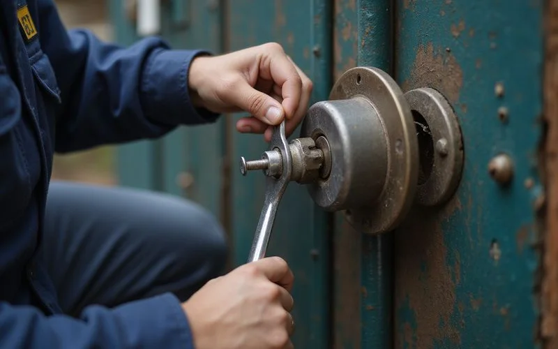 Locksmith carefully using tension wrench and pick on a jammed pin-tumbler lock with detailed macro view of the work