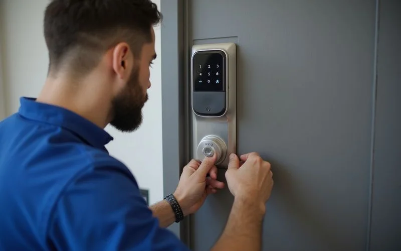 Modern push-pull smart lock installed on a Malaysian condo door with fingerprint reader and PIN pad