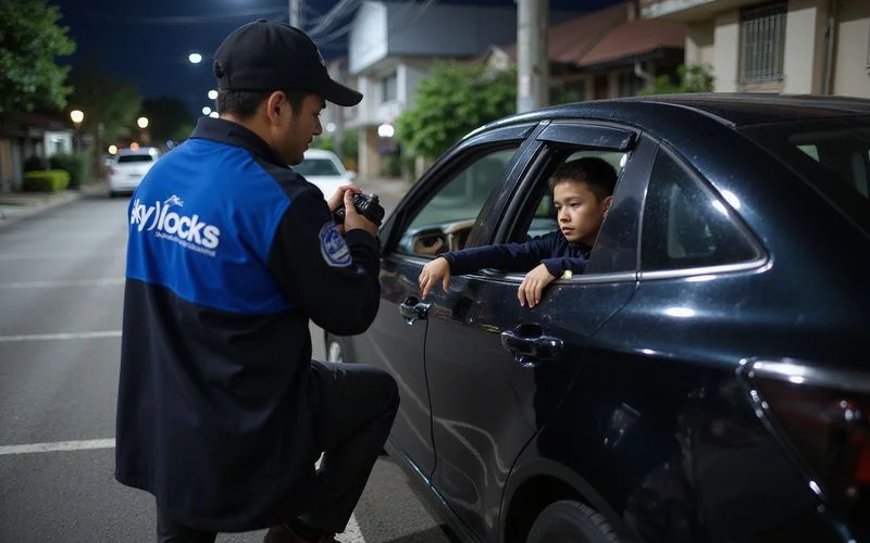 Locksmith using non-destructive air wedge tool to unlock a sedan door on a Kuala Lumpur street at night