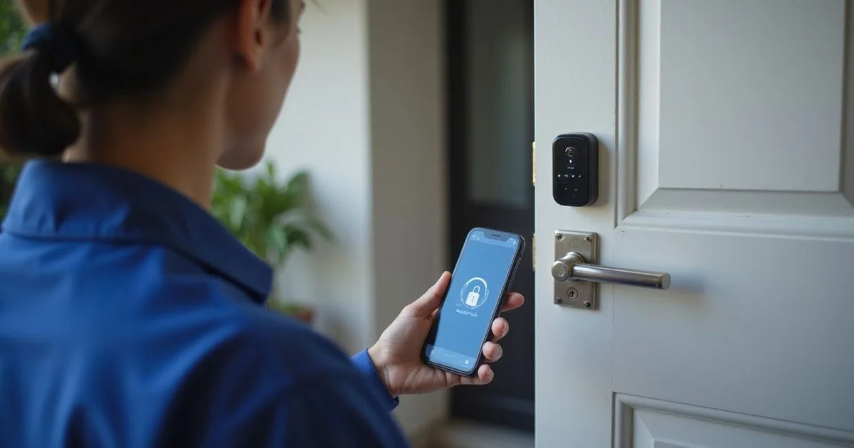 Close-up of a premium smart lock on a secure home door with a phone app showing locked status