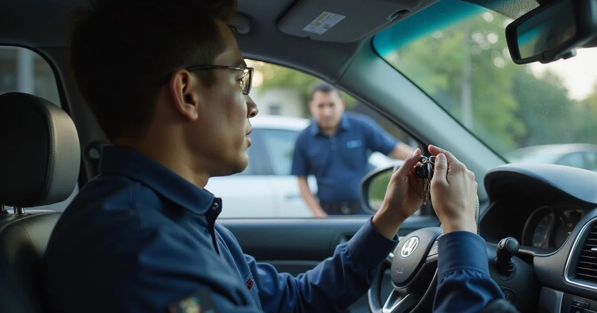 Driver looking through car window at keys on the seat in a KL car park as locksmith approaches