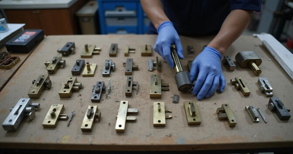 Flat-lay of common door lock types on a workbench, labelled