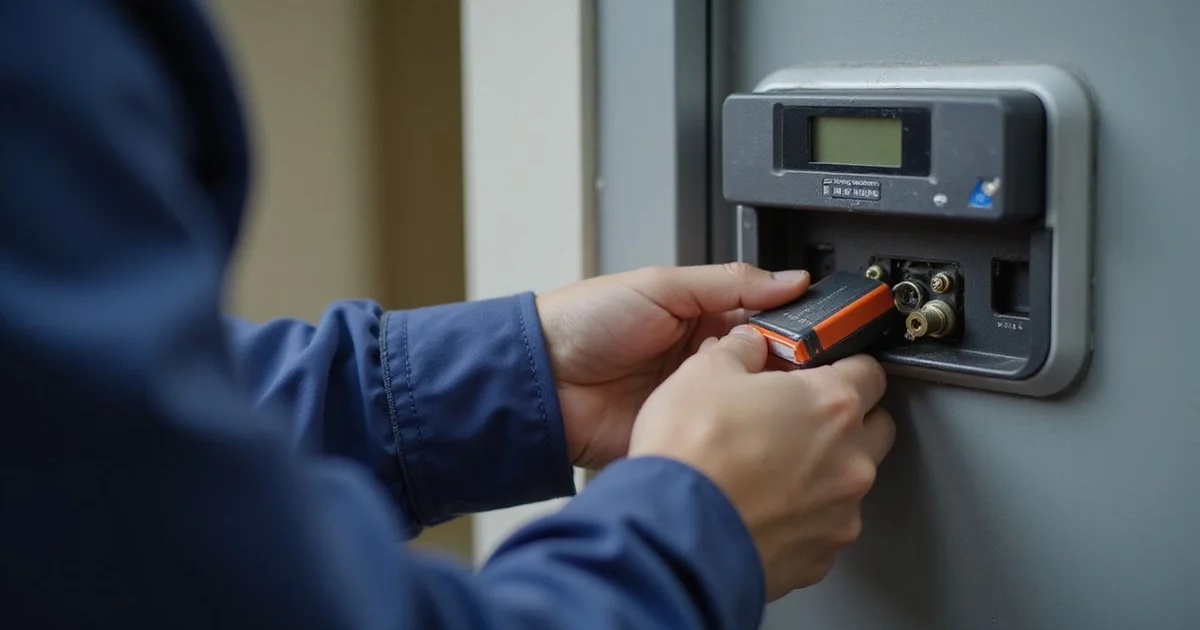 Hand pressing a 9V battery against the emergency contacts under a digital lock keypad