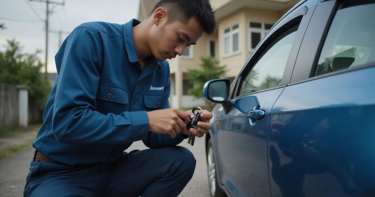 Locksmith cutting and programming a replacement car key beside a vehicle