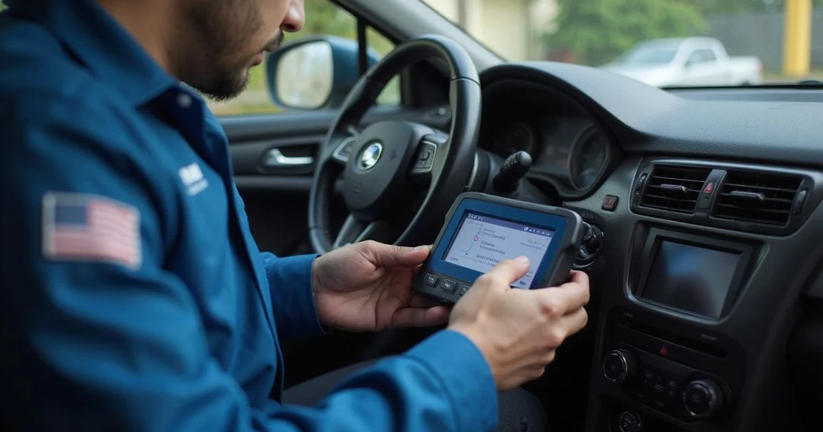 Locksmith plugging an OBD2 programmer into a car dashboard port