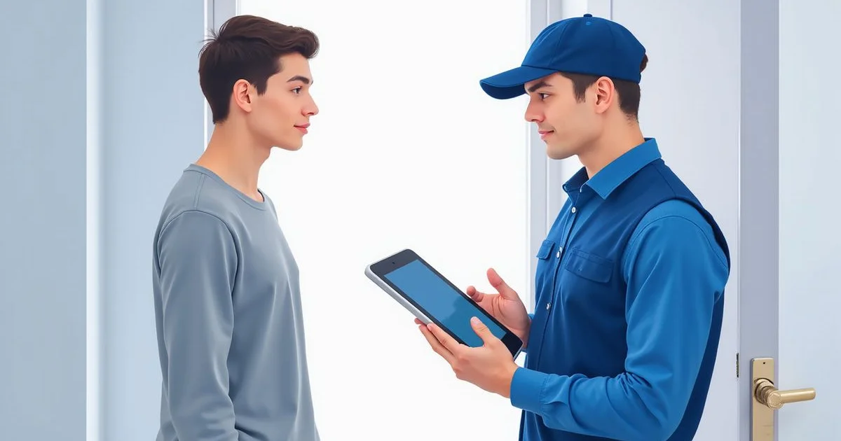 Locksmith presenting a clear price quote on a tablet to a homeowner