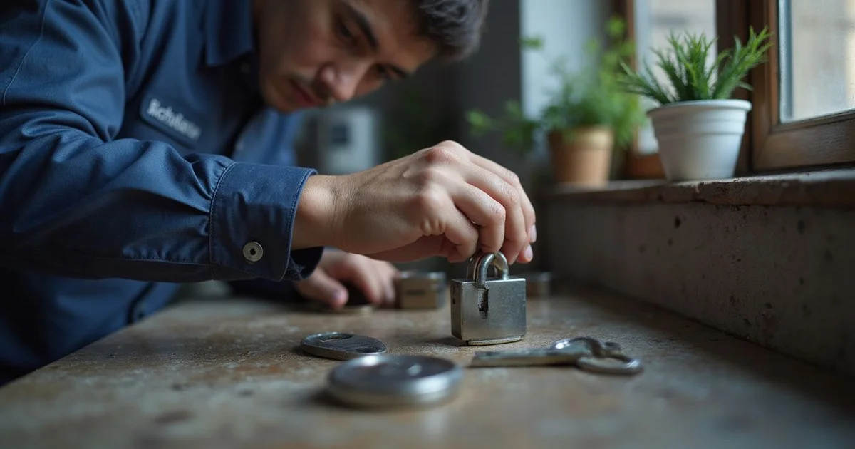 Locksmith repinning a lock cylinder on a workbench beside a new lockset