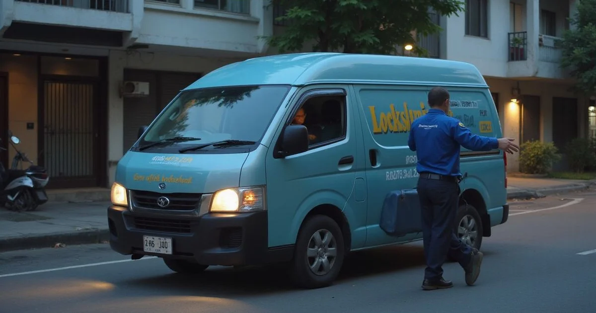 Mobile locksmith van on a Kuala Lumpur street at dusk heading to a callout