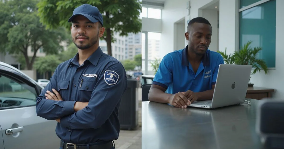 Split scene: mobile locksmith at a roadside vs a car dealership service desk