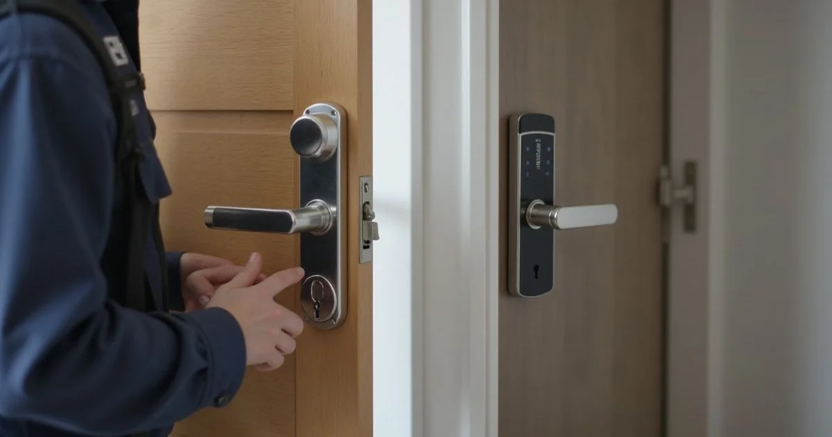 Two smart locks side by side: a mortise handle lock and a push-pull lock