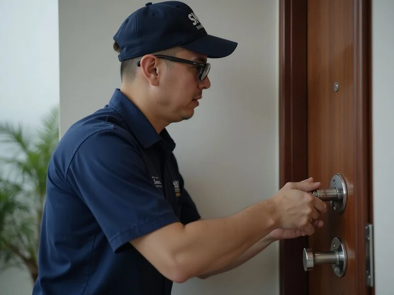 Sky Locks Enterprise locksmith working on a residential front door lock in Kuala Lumpur