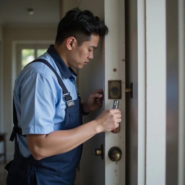 Uniformed Malaysian locksmith working on a residential door lock with professional tools